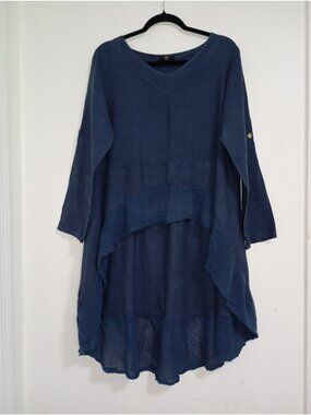 NT By Amarti Blue Linen Blend Asymmetrical Tunic Top Button Sleeve Detail